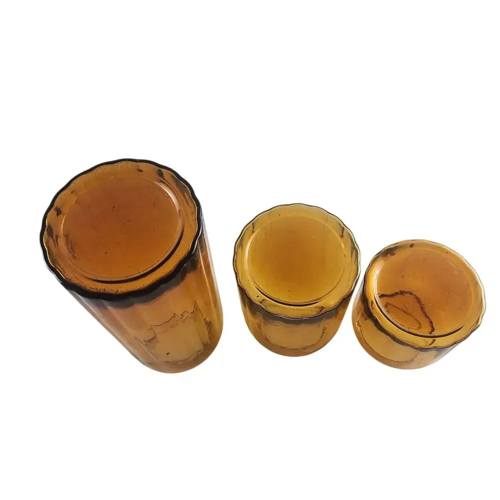 VTG Amber Glass Apothecary Ribbed Caister / Jars Set~3 Metal Gold-Tone Final Lid